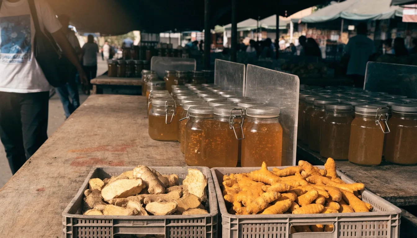 A shaded Jakarta market table with dried herbs and rows of unbranded jars seen from standing height
