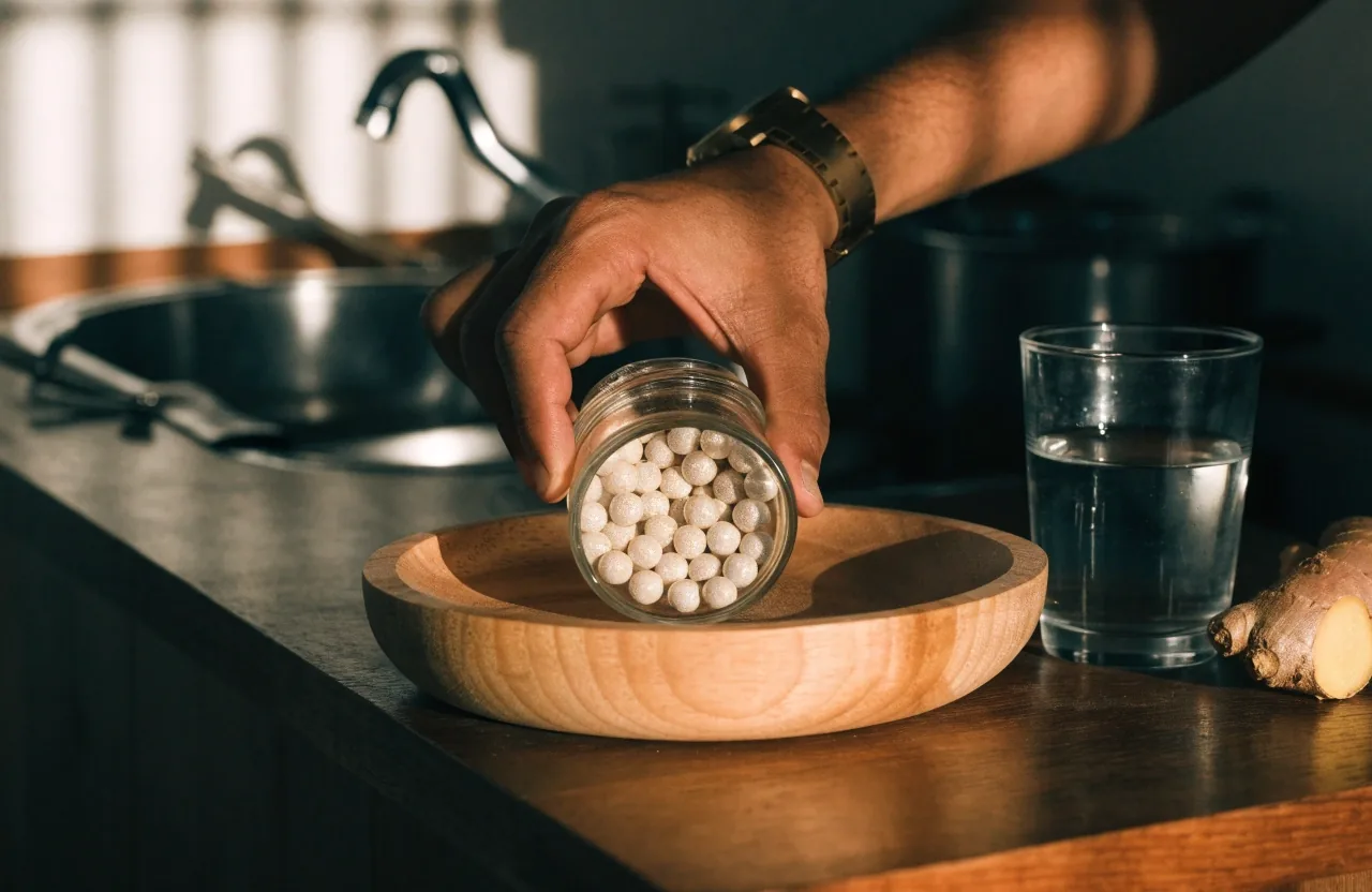 A hand tipping unbranded capsules into a wooden dish on a dim Jakarta kitchen table beside a glass of water and fresh roots