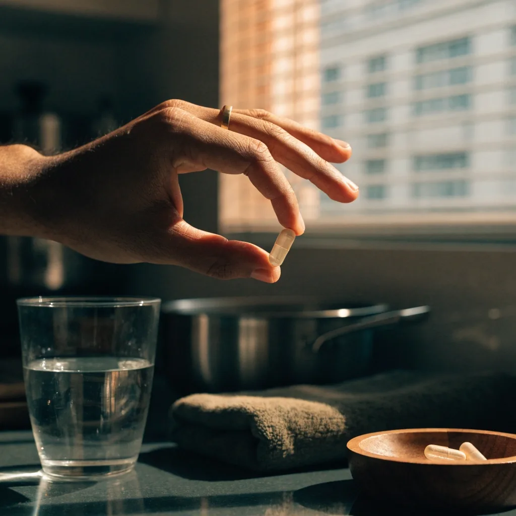 A small dish with a single daily portion of unbranded capsules beside a towel and a glass of water on a dawn-lit kitchen counter