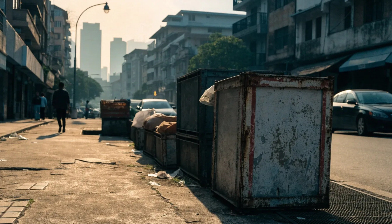 A quiet Jakarta street corner at dawn with market crates before the city wakes