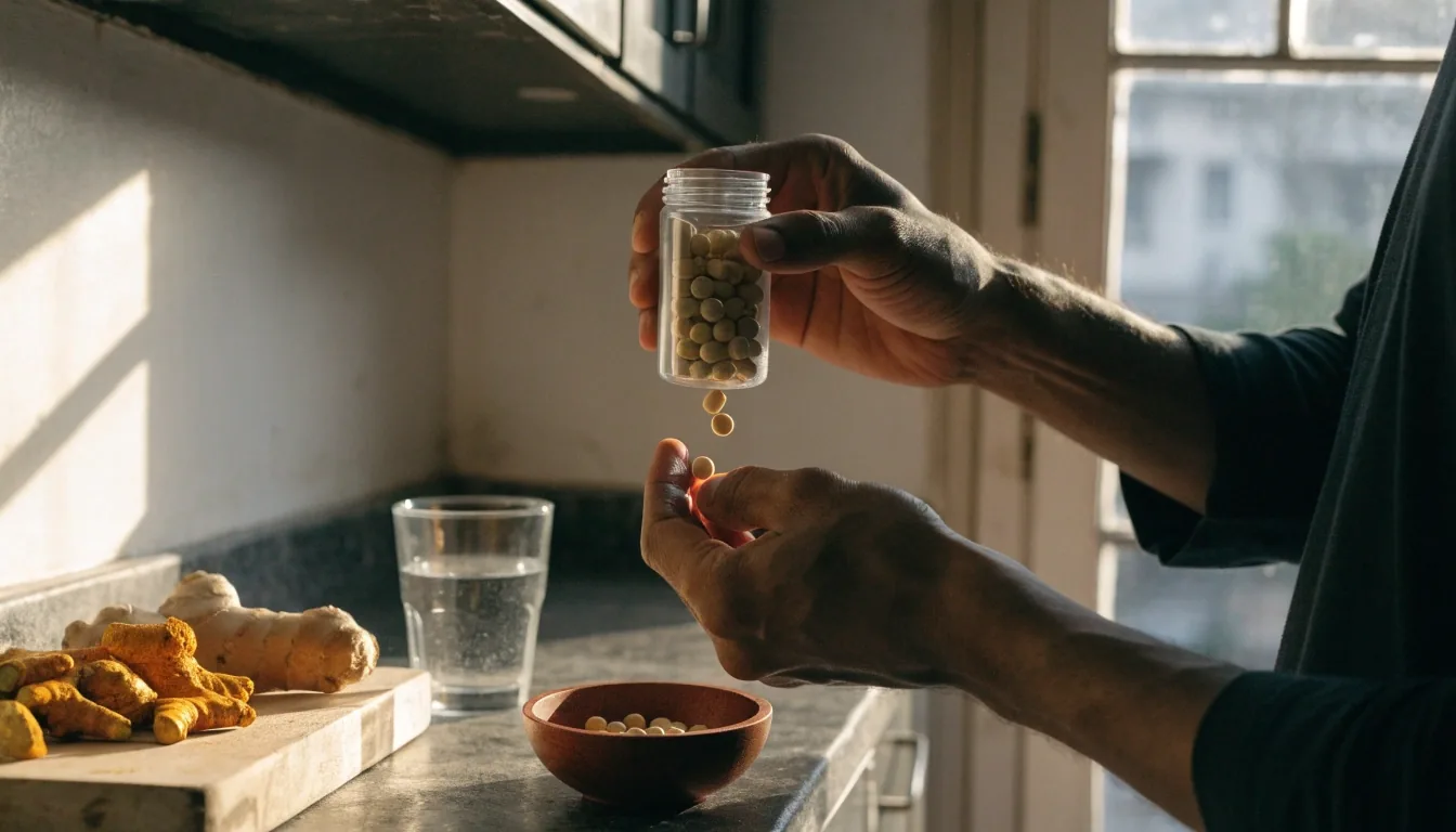 A hand pouring loose natural capsules into a wooden dish beside a glass of water on a Jakarta kitchen table at dawn