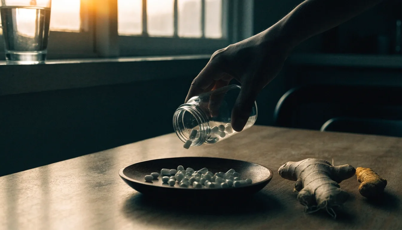 A man's hand pouring daily capsules into a wooden dish on a kitchen table at dawn in Jakarta