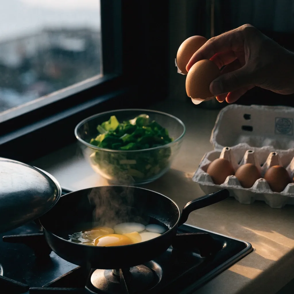 An egg cracked into a pan with a bowl of chopped greens on a home kitchen counter at dawn