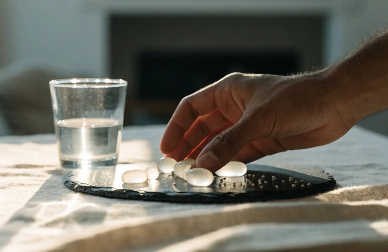 A measured daily portion of capsules and seeds arranged on a slate dish