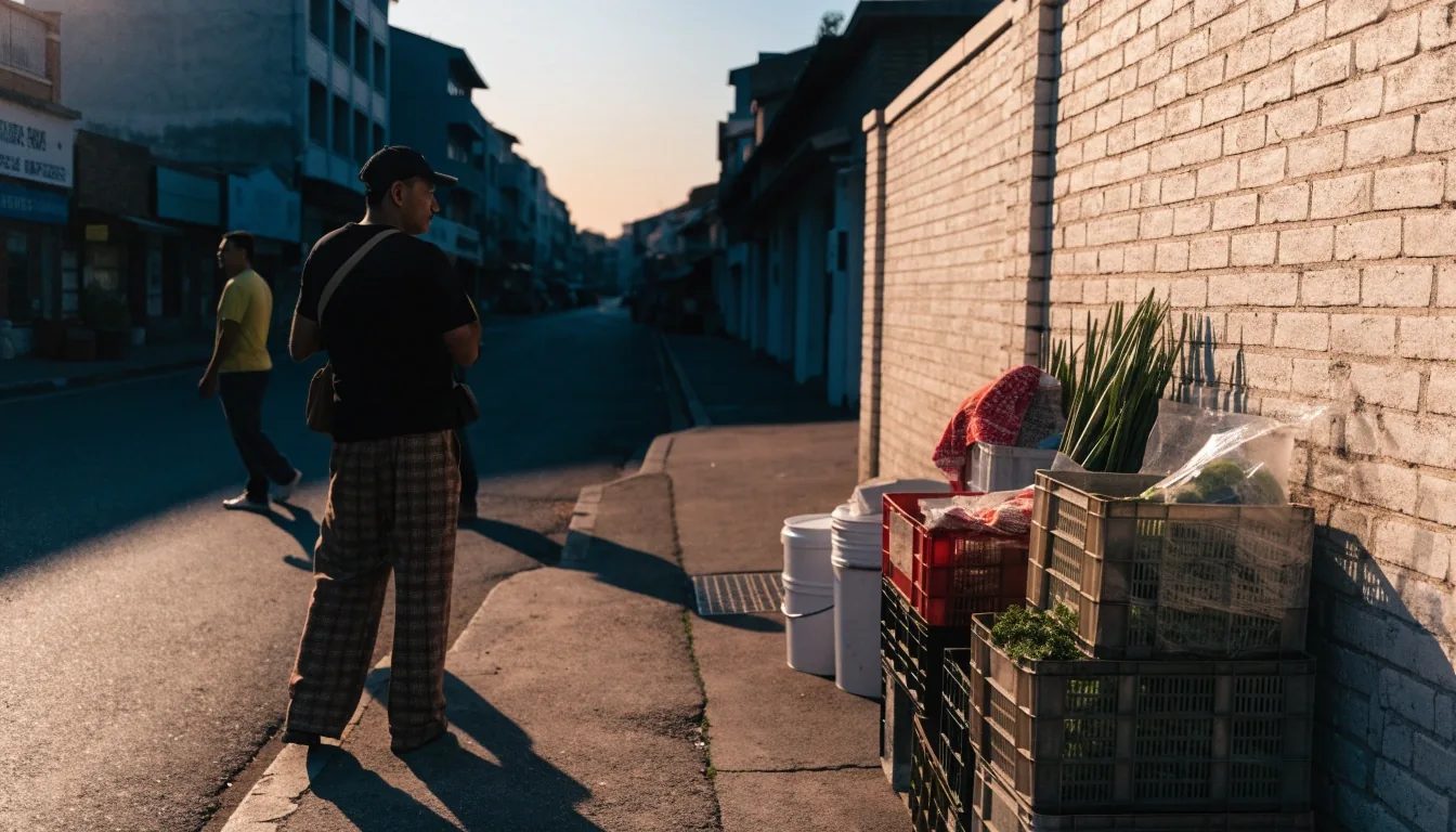 A quiet Jakarta street corner at dawn with market crates against a plain wall