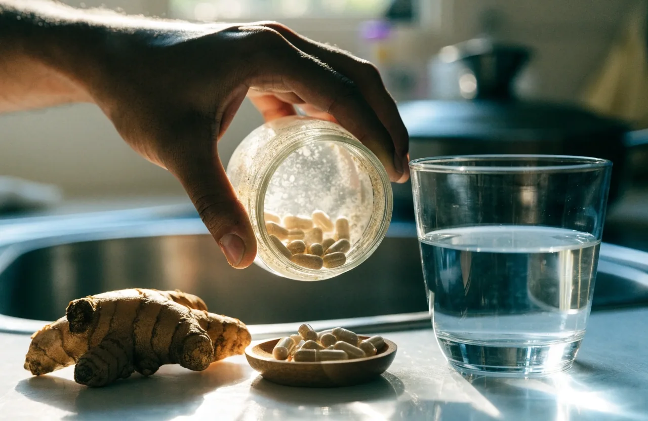 Capsules poured into a wooden dish on a Jakarta kitchen table before daylight