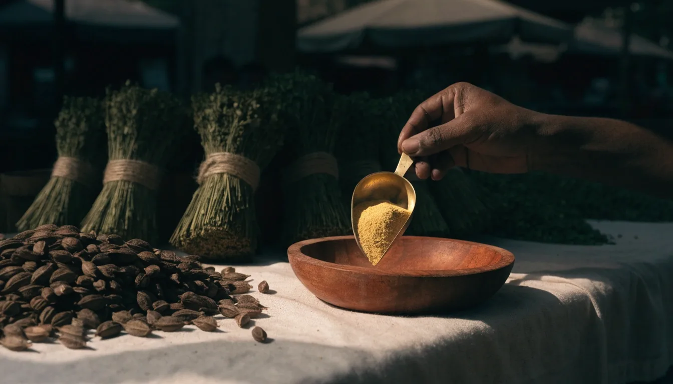 Dried herbs, seed pods and shallow bowls of minerals on a shaded market table at morning