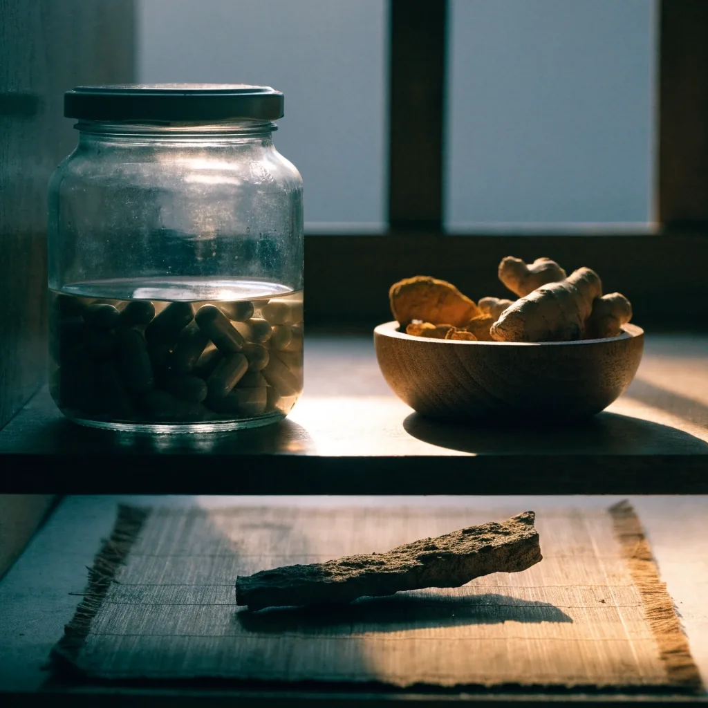 A workbench at dawn with dried roots, seeds in a wooden bowl and a glass of water in warm low light